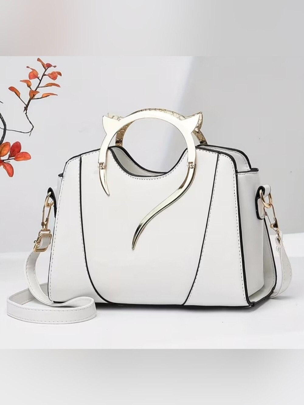 White Satchel Handbag with Gold Cat-Accent Handle